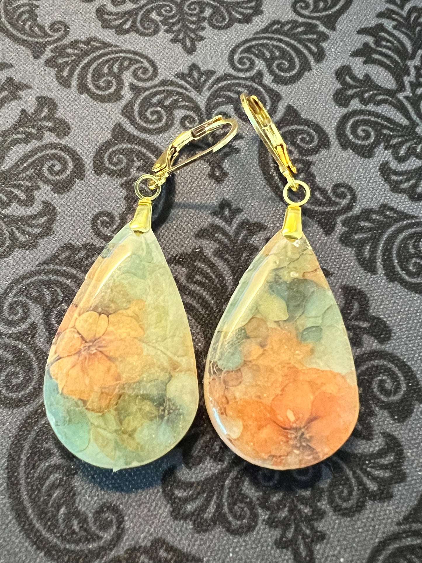 Floral‑Image Teardrop Dangle Earrings