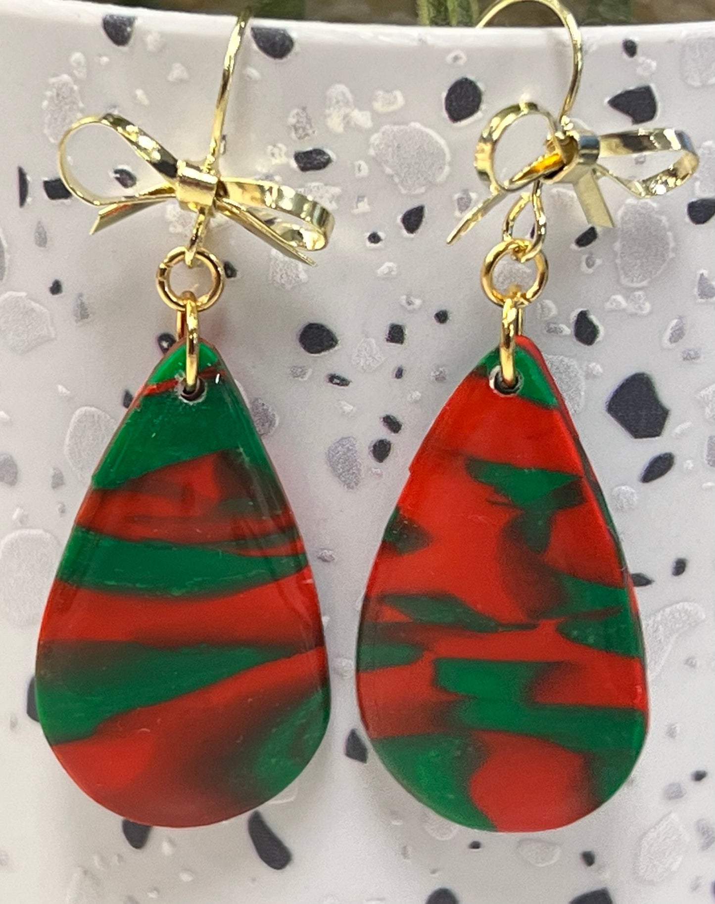 Red & Green Marbled Teardrop Earrings
