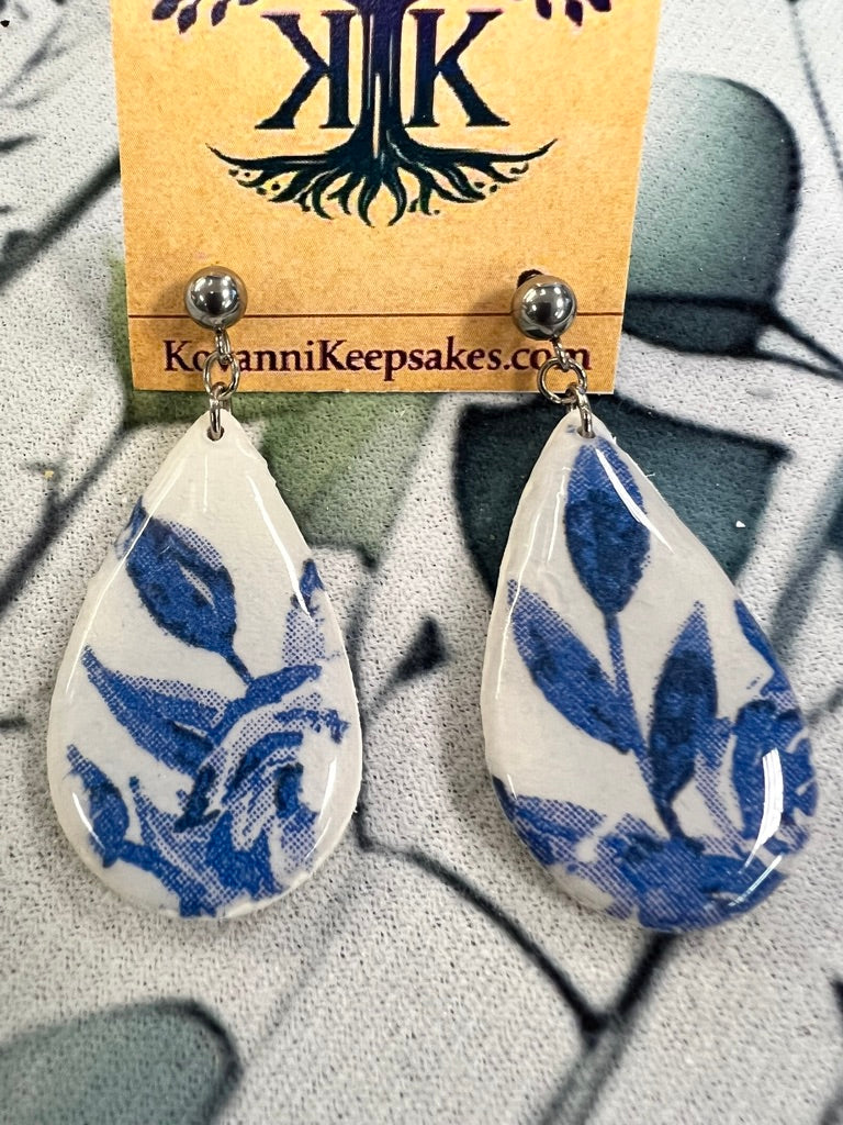 Blue Floral Teardrop Clay Earrings