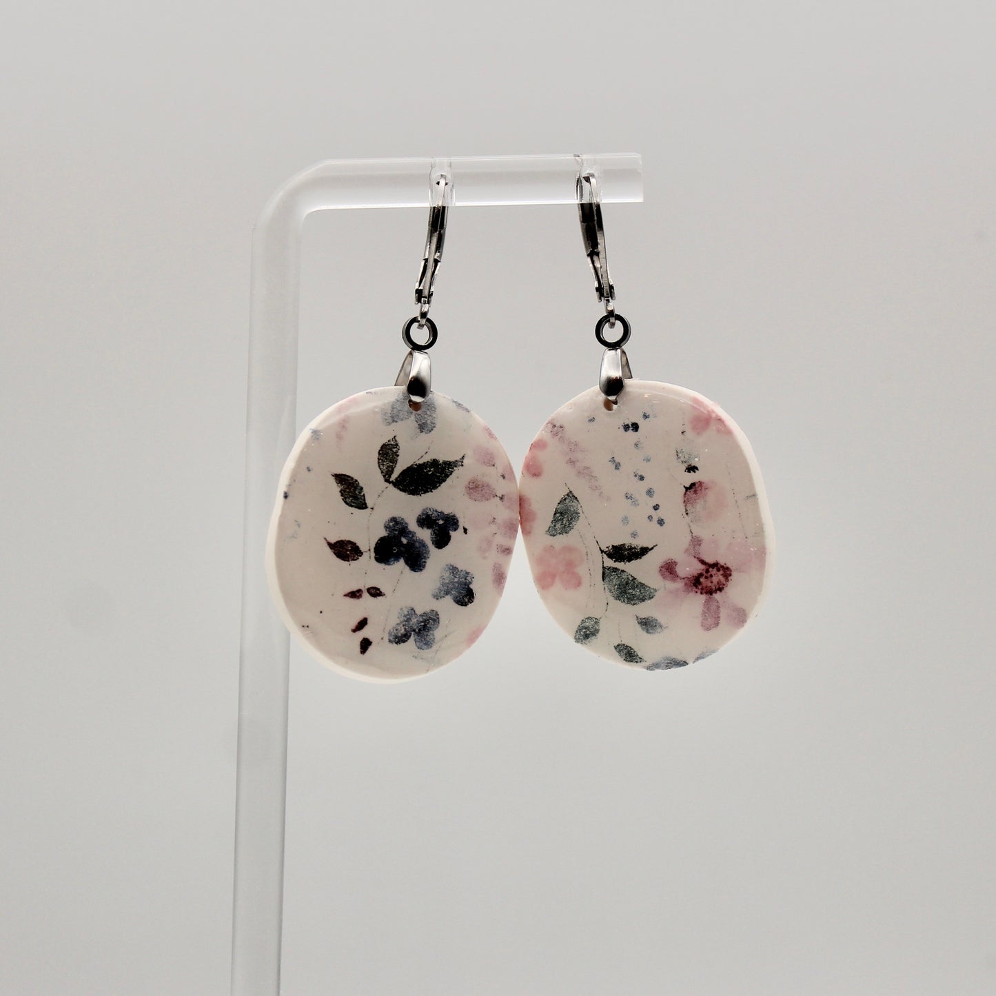 Pink, Blue & Green Floral Oval Dangle Earrings