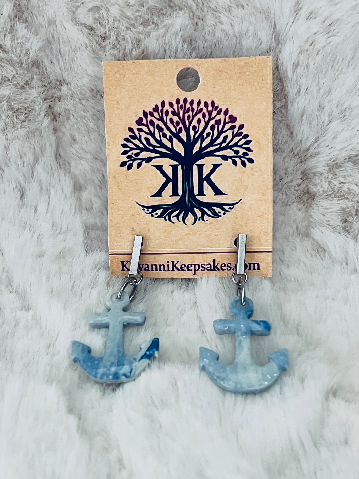 Blue Marbled Anchor Clay Earrings