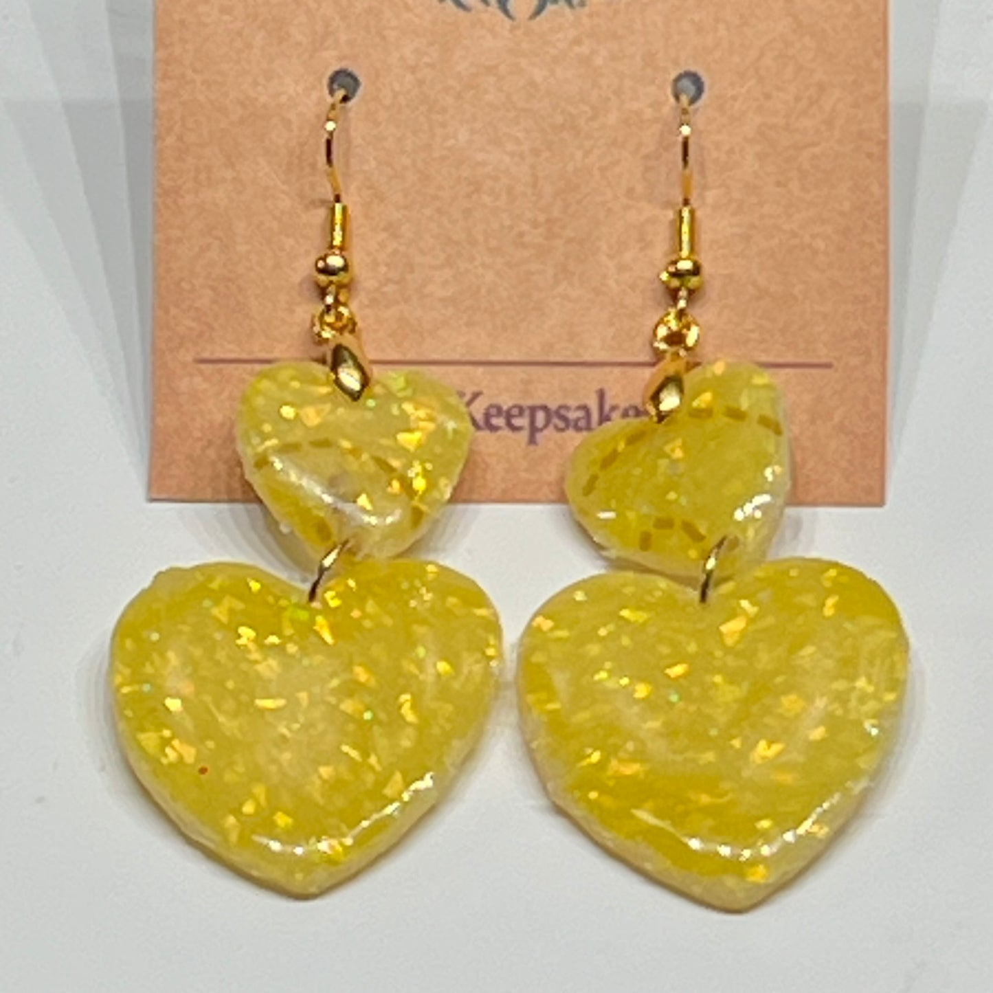 Yellow Glitter Heart Dangle Earrings