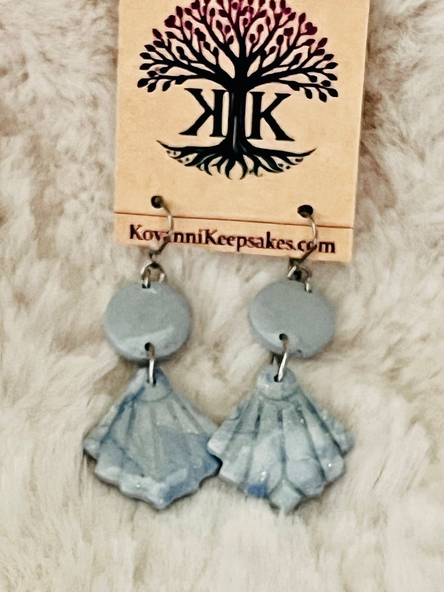 Light Blue Marbled Fan Clay Earrings