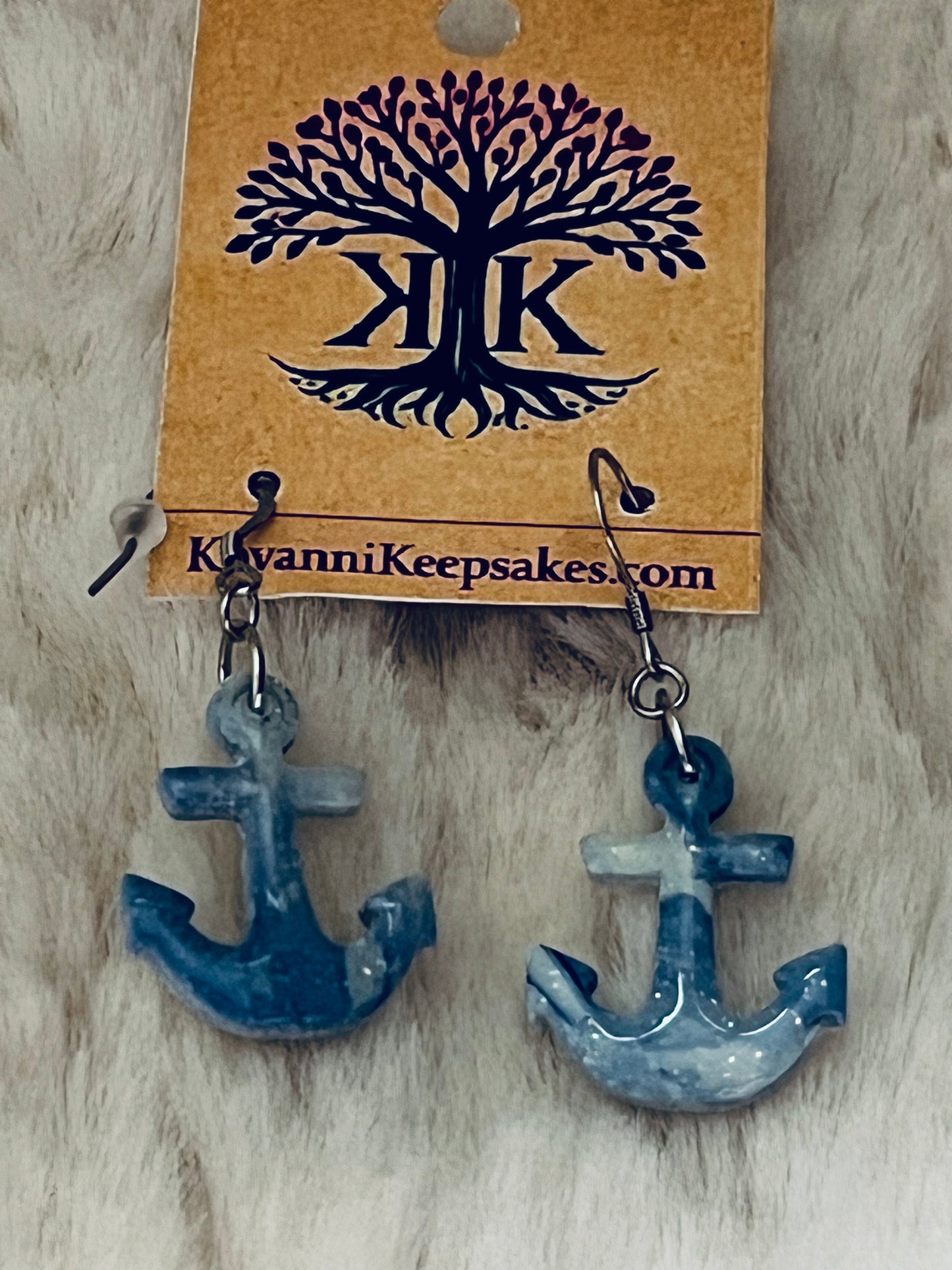 Blue & White Marbled Anchor Clay Earrings