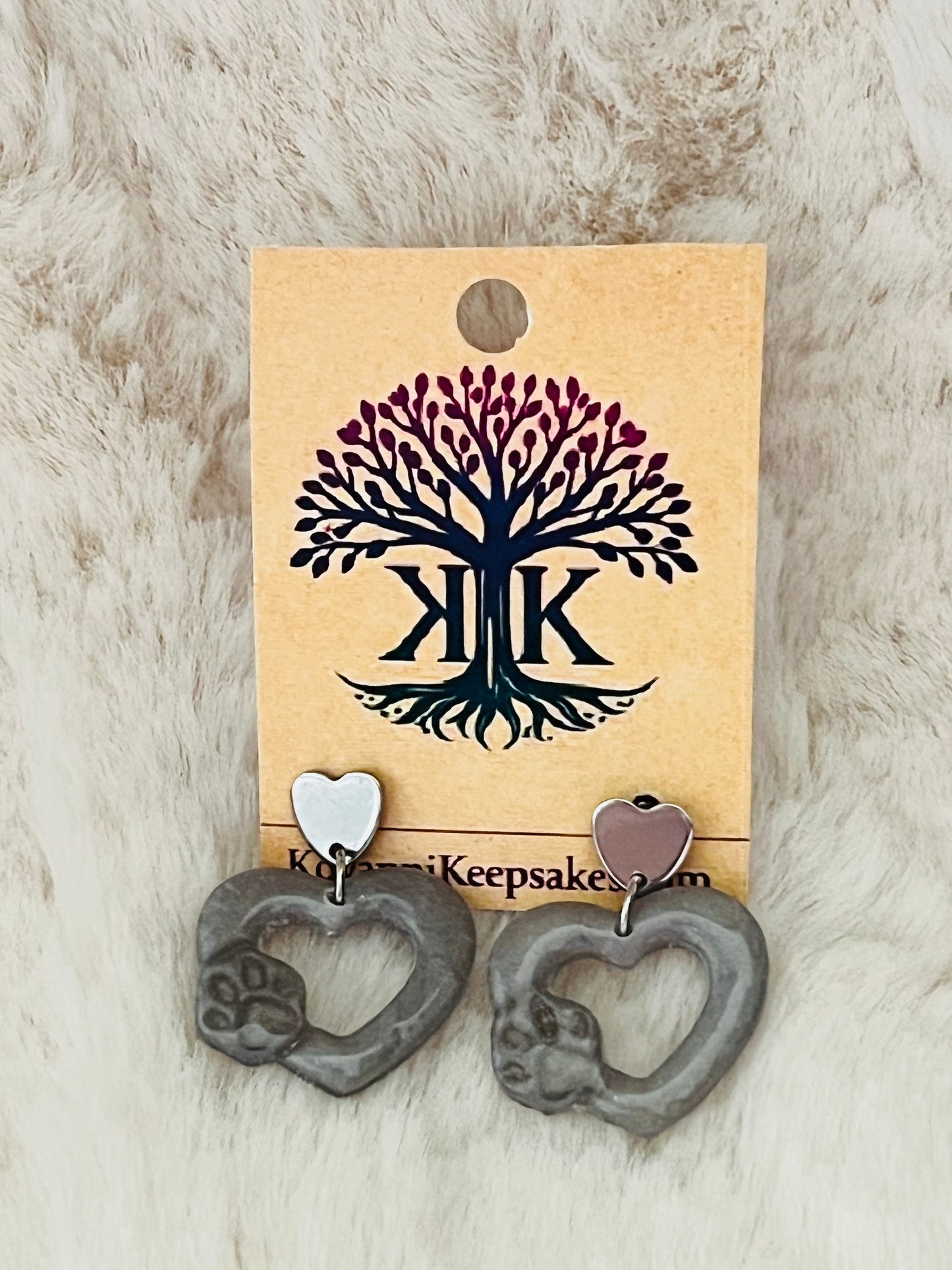 Gray Paw Print Heart Clay Earrings