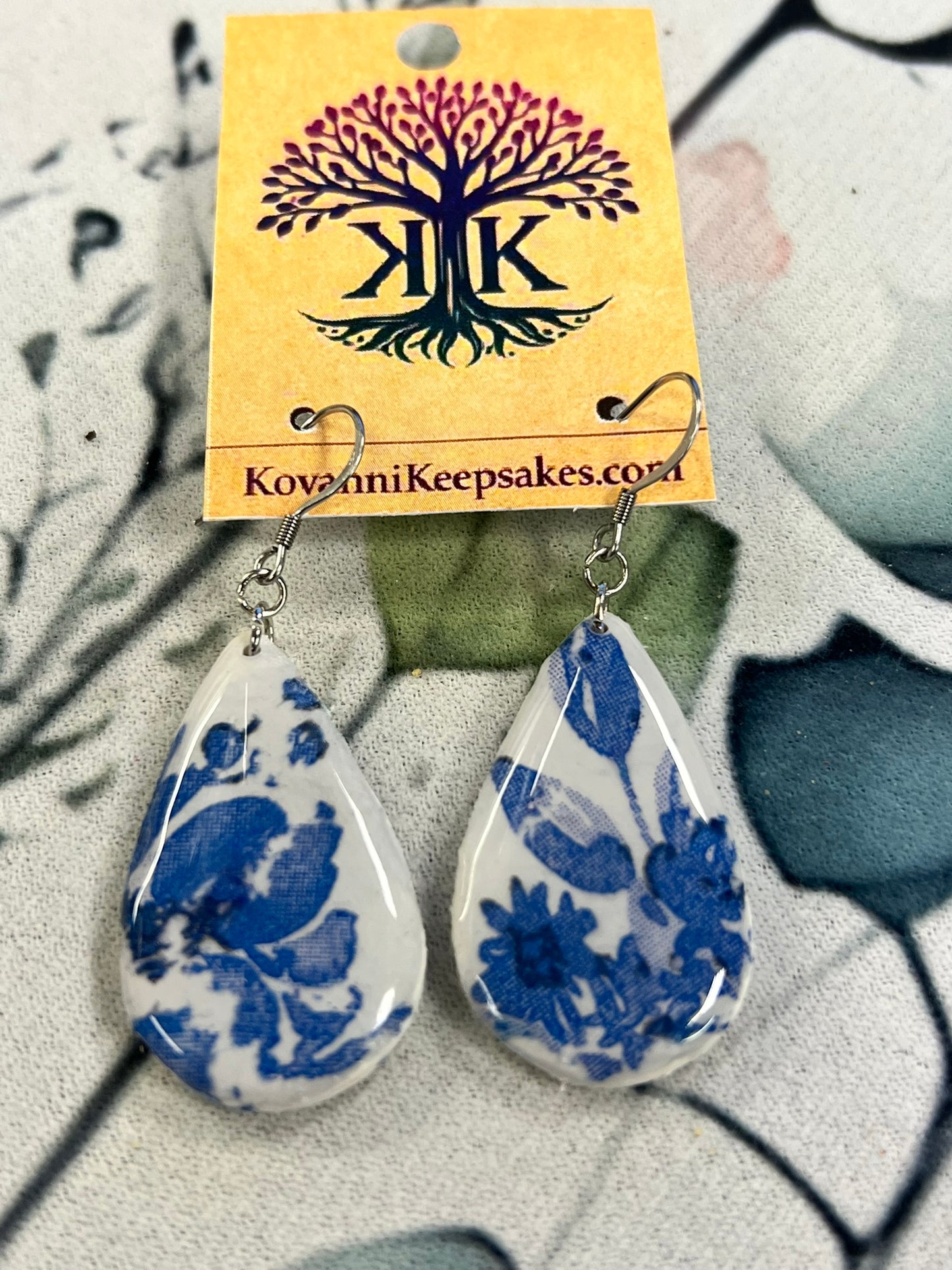 Blue Floral Teardrop Earrings
