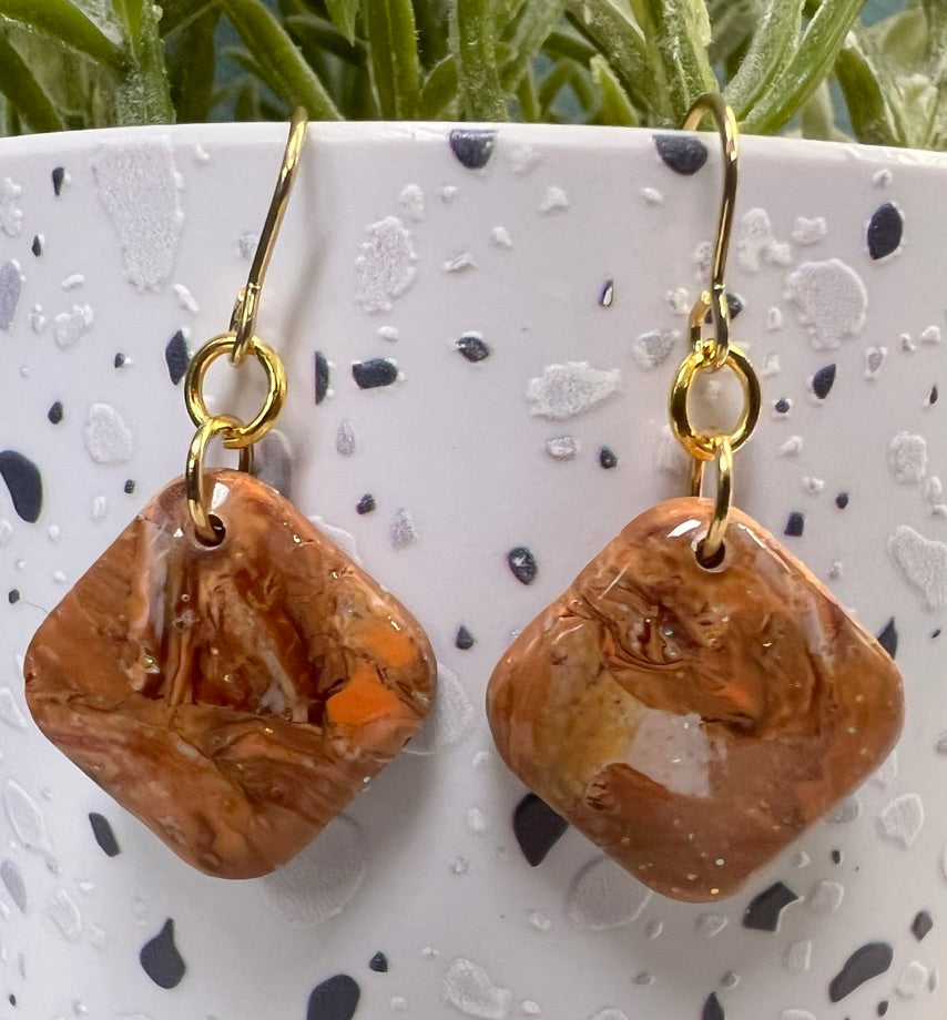 Brown & Amber Marbled Square Clay Earrings