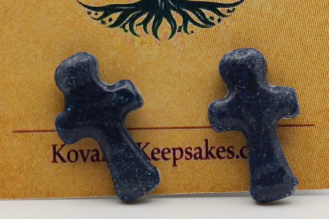 Dark Blue Glitter Cross Studs