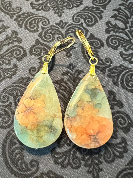 Floral‑Image Teardrop Dangle Earrings