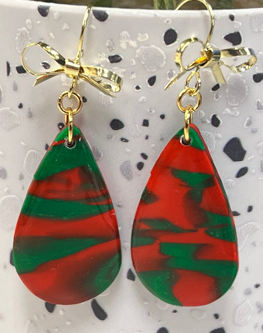 Red & Green Marbled Teardrop Earrings
