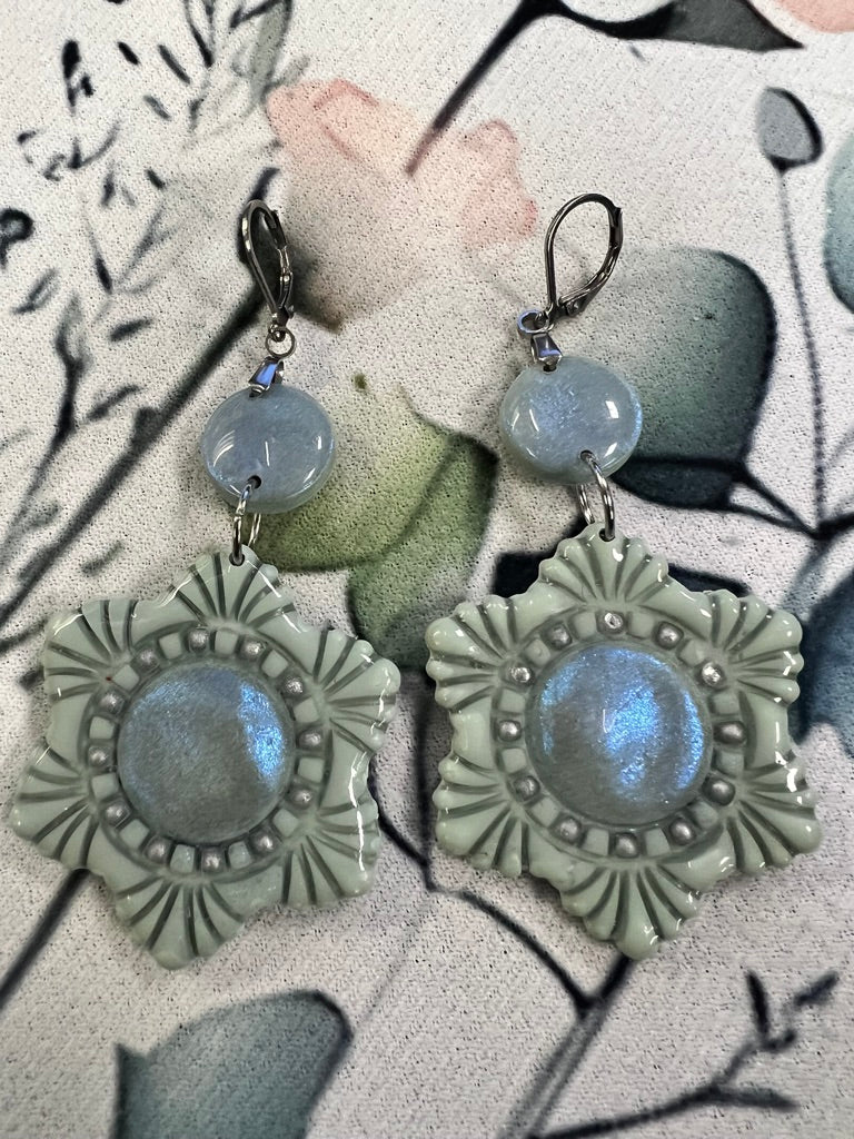 Blue Center Floral Drop Earrings