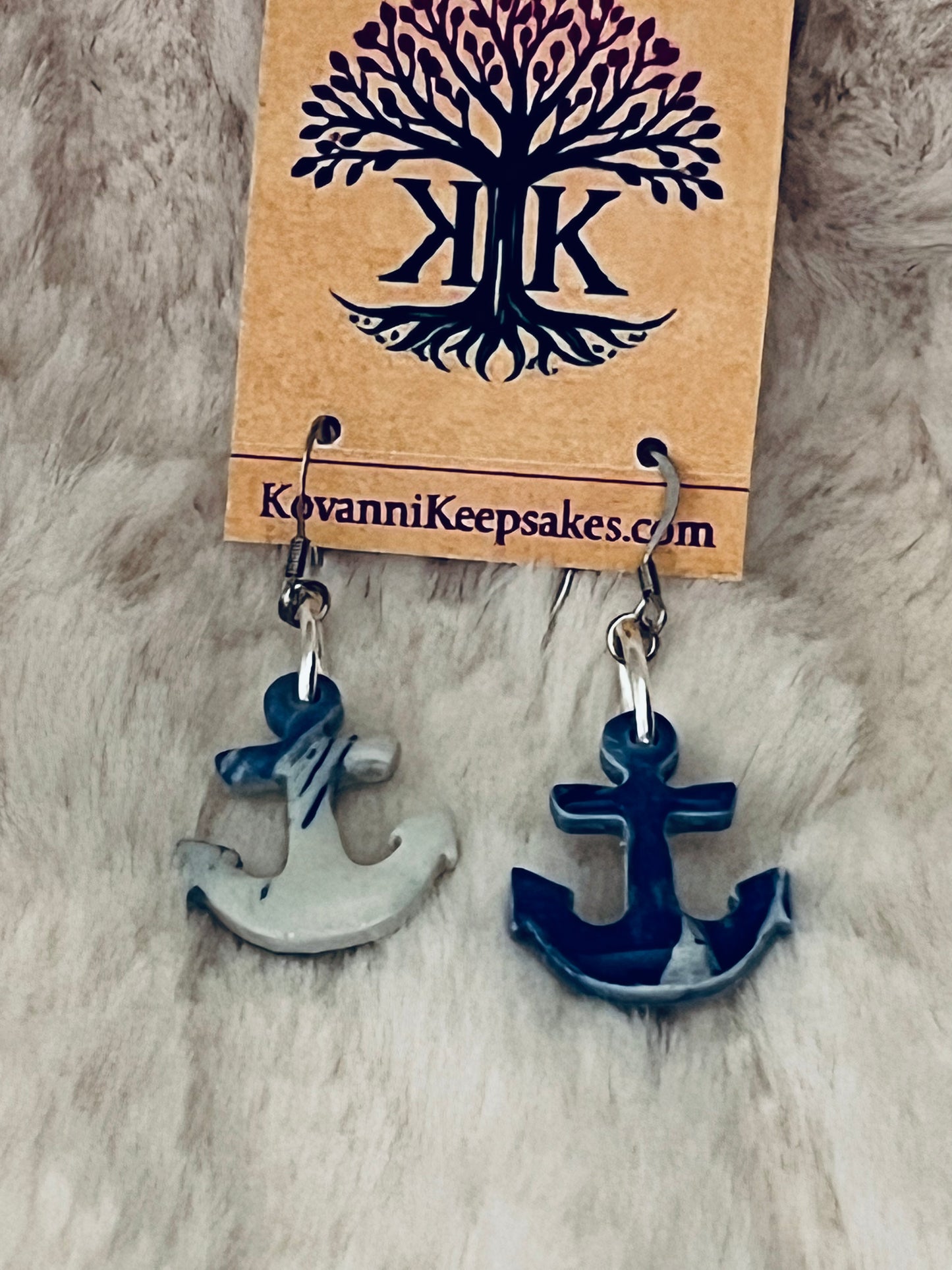 Blue Marbled Anchor Clay Earrings