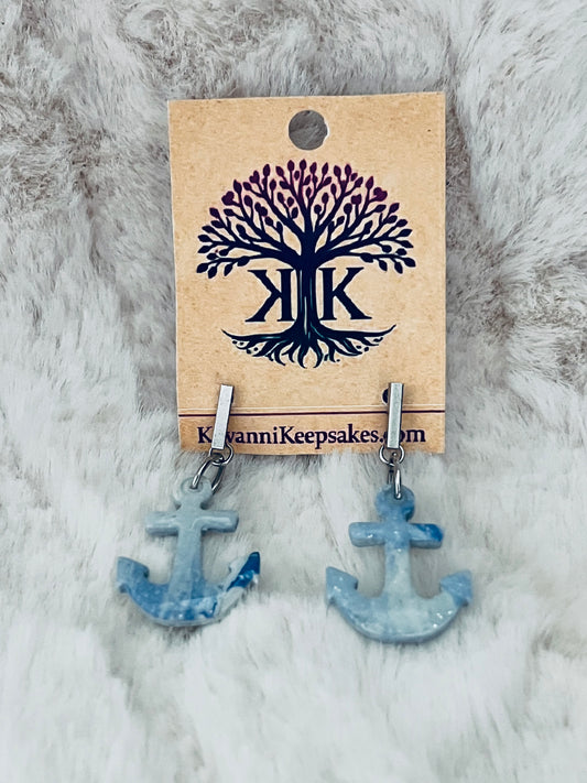 Blue Marbled Anchor Clay Earrings