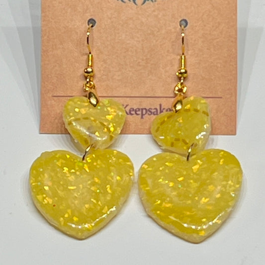 Yellow Glitter Heart Dangle Earrings