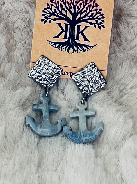 Blue & White Marbled Anchor Clay Earrings