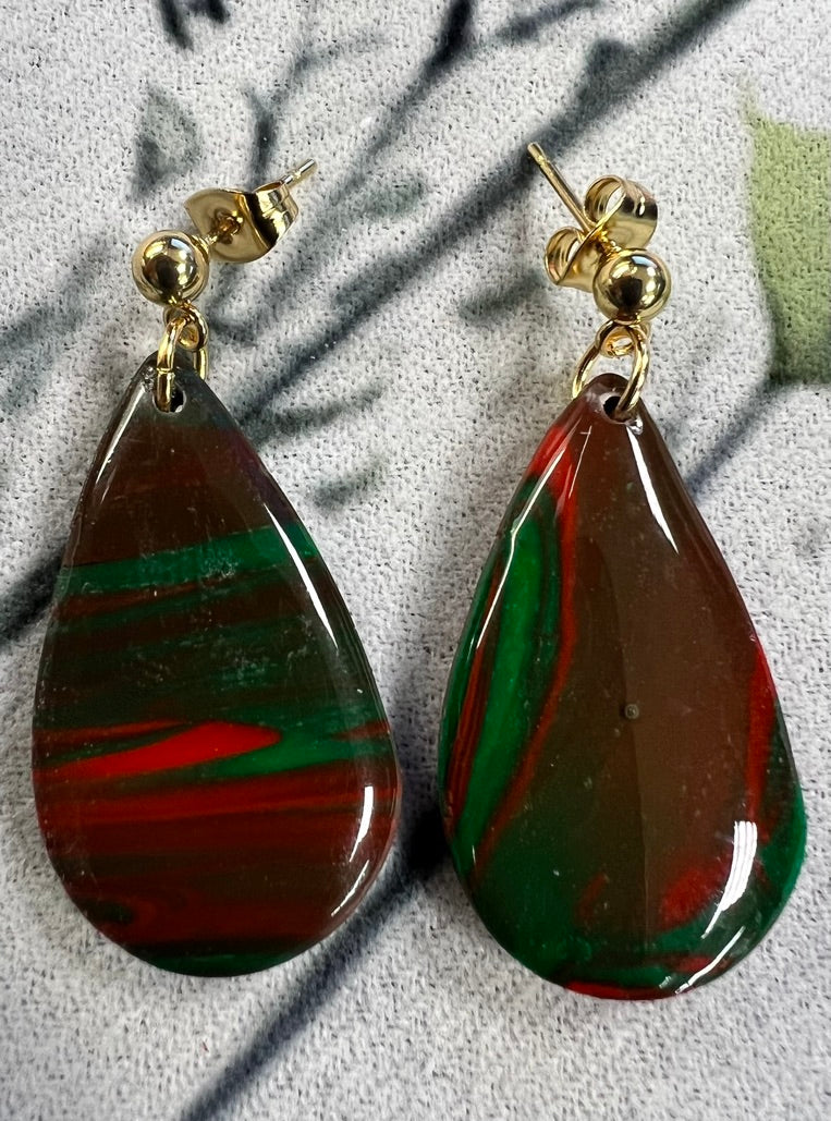 Dark Marbled Teardrop Clay Earrings