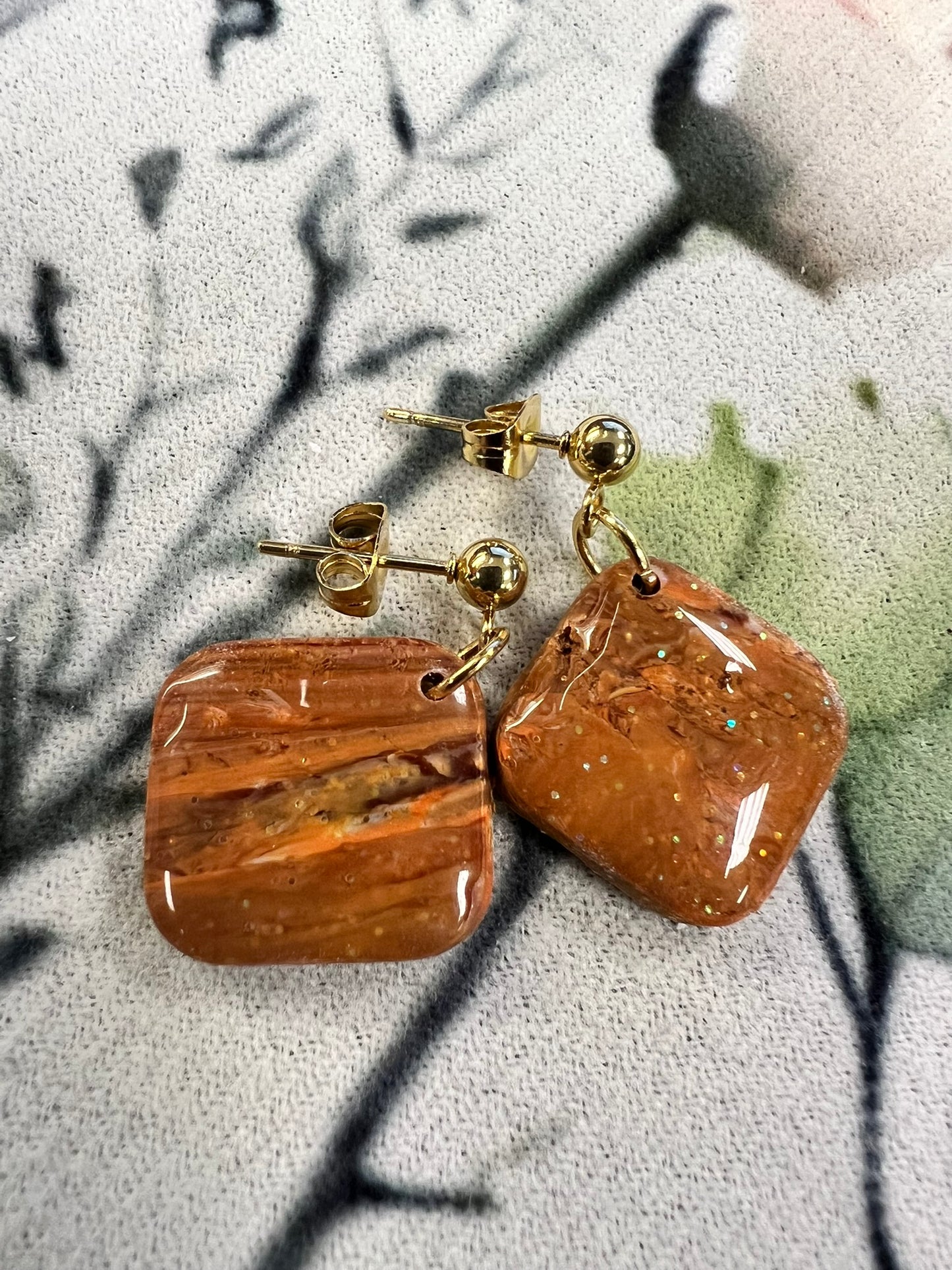 Brown Marbled Square Earrings