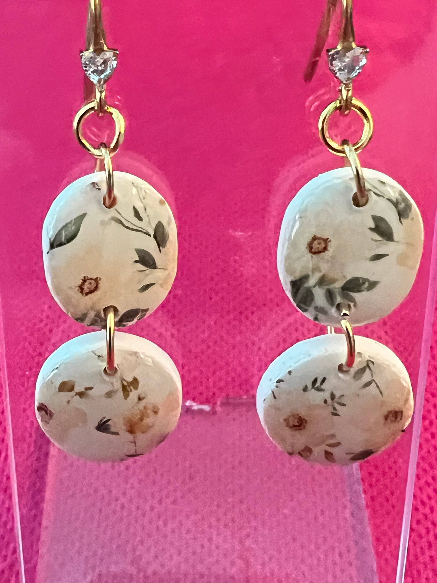 Cream Floral Double‑Round Dangle Earrings