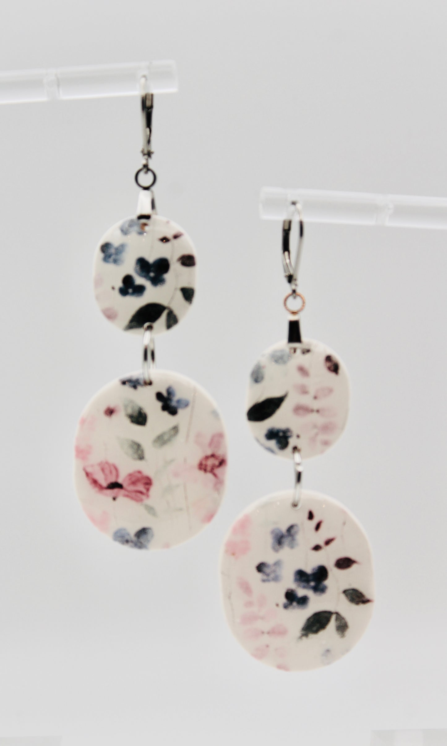 Pastel Floral Double‑Oval Dangle Earrings