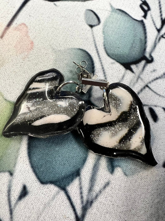 Black & Silver Marbled Heart Earrings