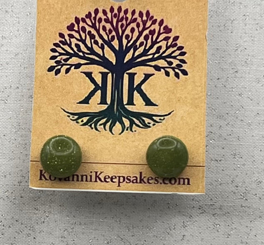 Green Glitter‑Fleck Round Stud Earrings