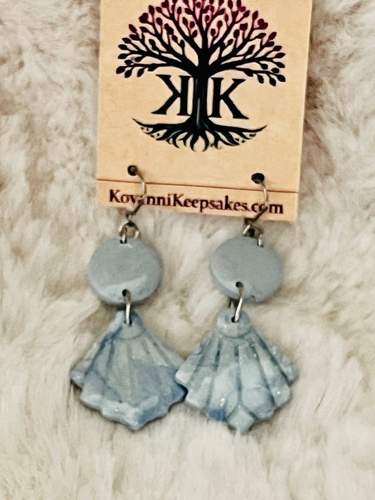Light Blue Marbled Fan Clay Earrings