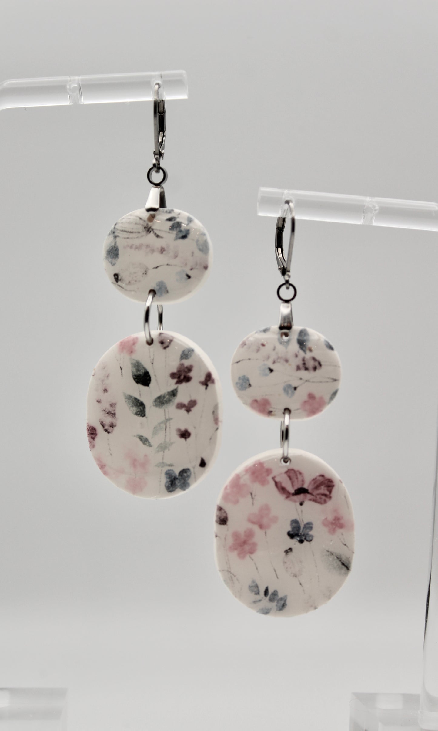 Pastel Floral Double‑Oval Dangle Earrings