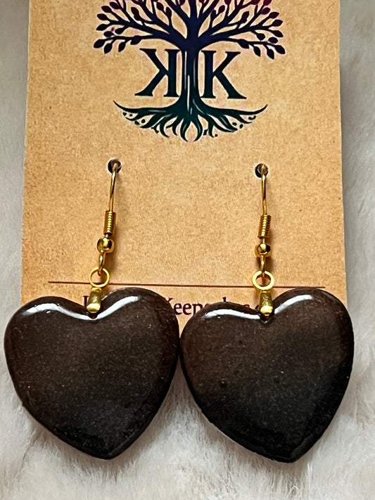 Black & Dark Brown Marbled Heart Clay Earrings