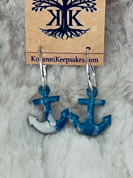 Blue & White Marbled Anchor Clay Earrings