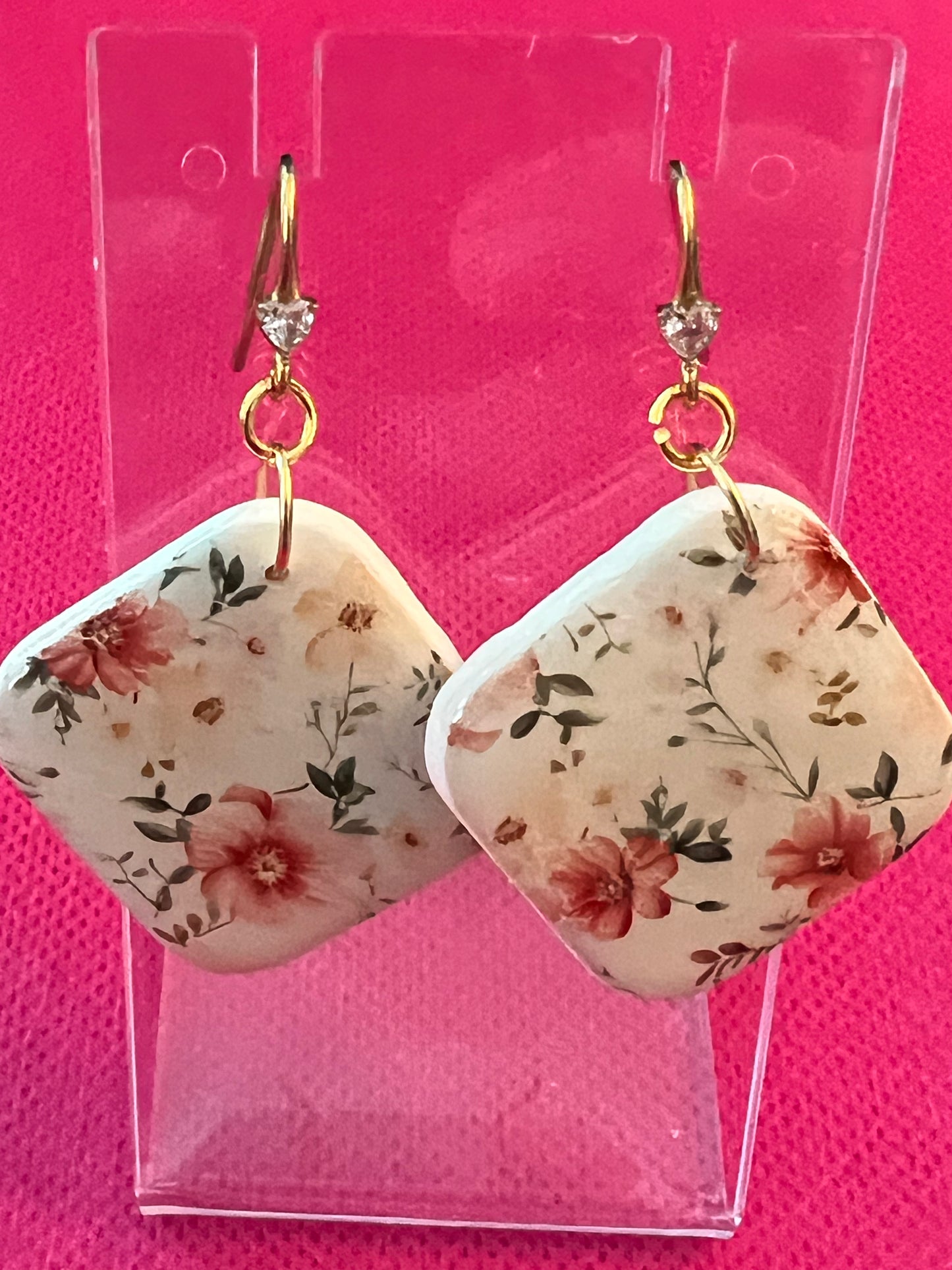 Cream Floral Gold‑Hook Dangle Earrings