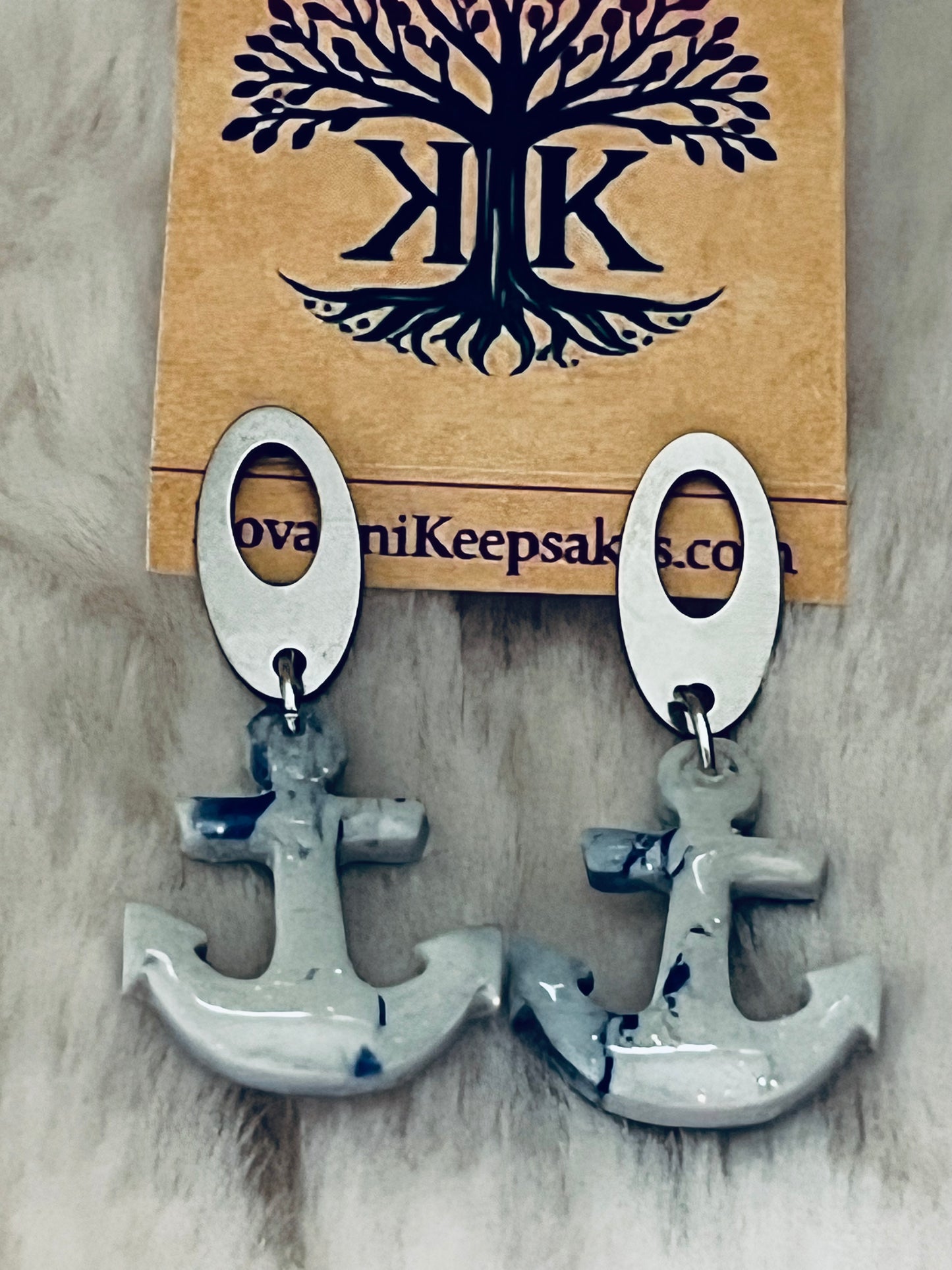Blue & White Marbled Anchor Clay Earrings