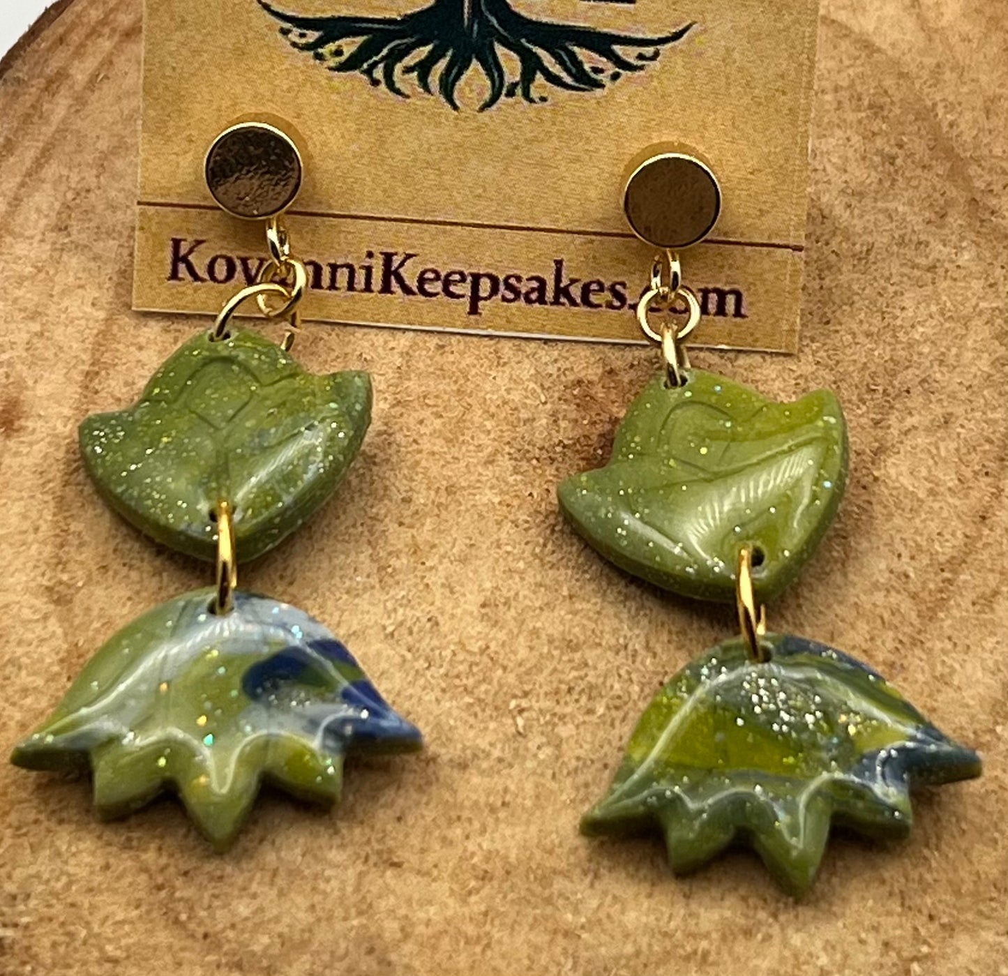 Green Leaf & Marbled Petal Dangle Earrings