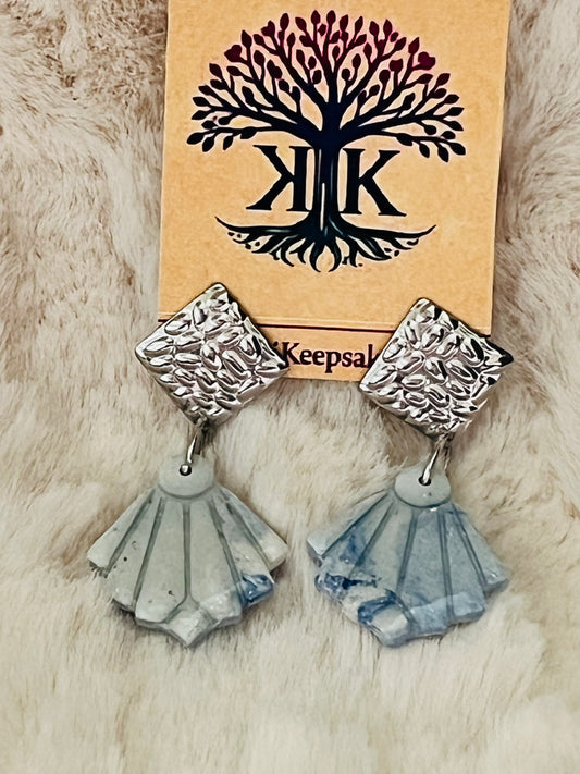 Blue & White Marbled Fan Clay Earrings