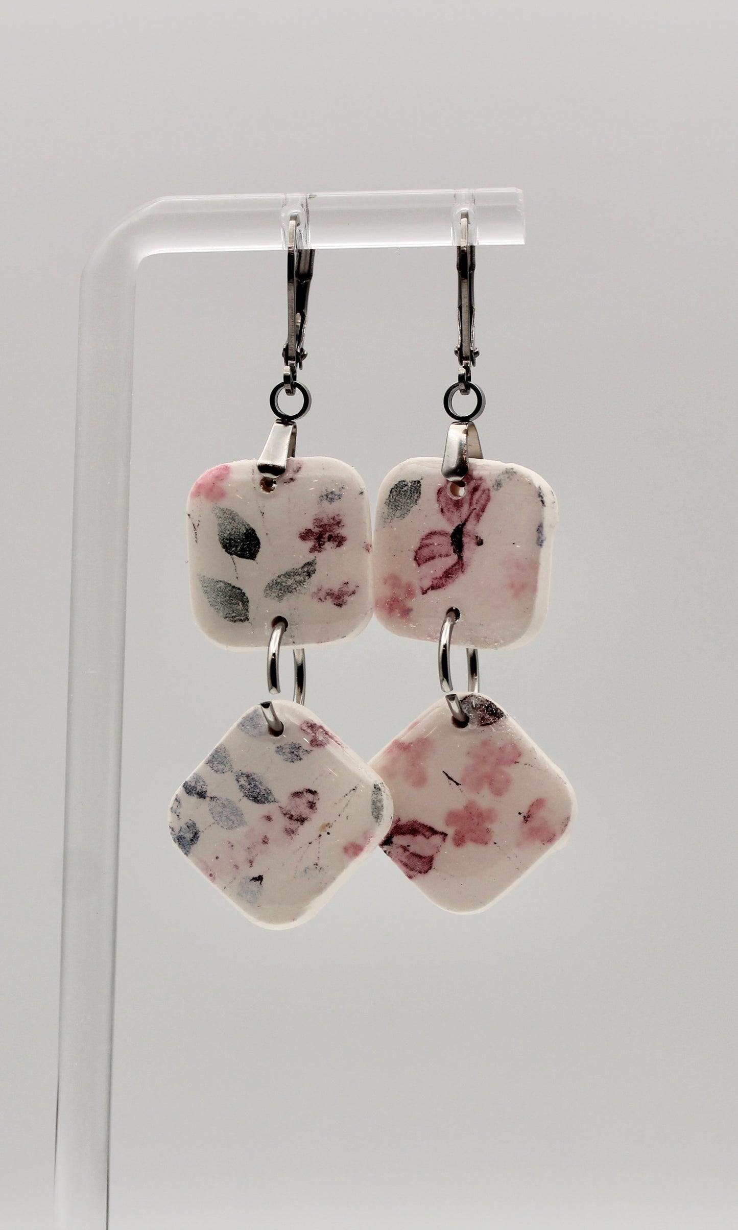 Pink, Blue & Green Floral Square Dangle Earrings