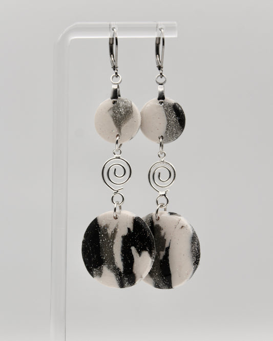 Black & Silver Marbled Double‑Circle Earrings