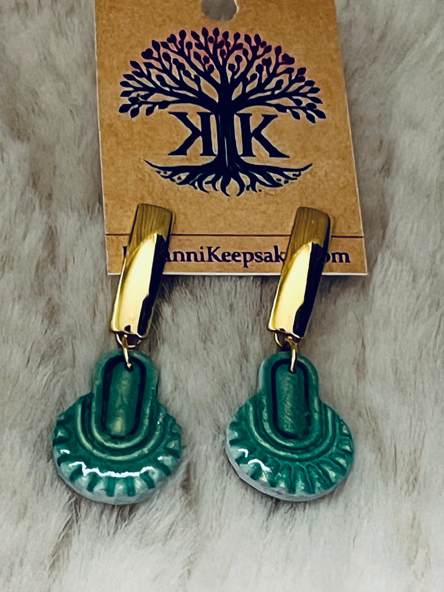 Green Textured Half‑Circle Clay Earrings