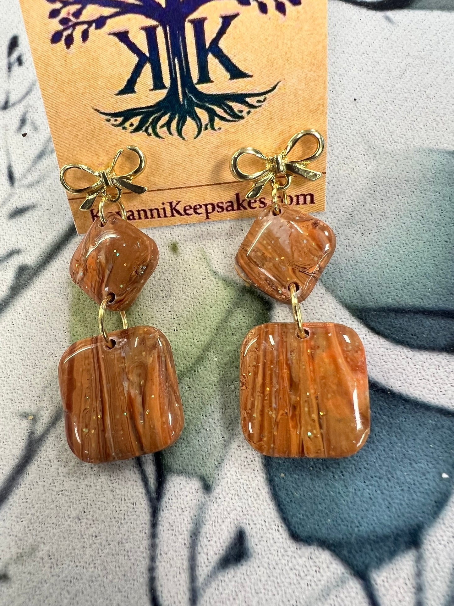 Brown & Gold Marbled Double‑Square Earrings