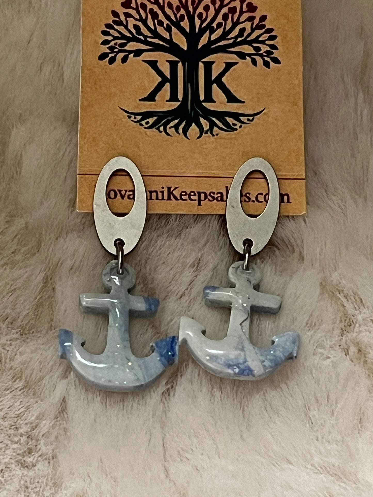 Blue Marbled Anchor Clay Earrings