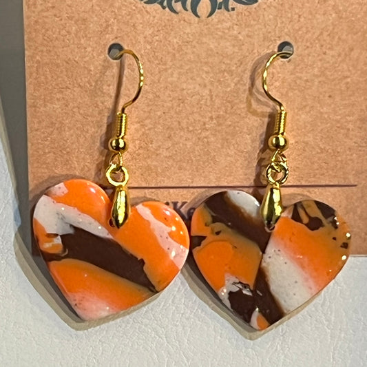Browns‑Inspired Marbled Heart Dangles