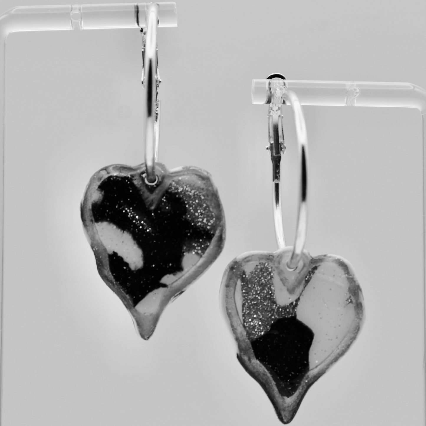Black & Silver Marbled Heart Earrings