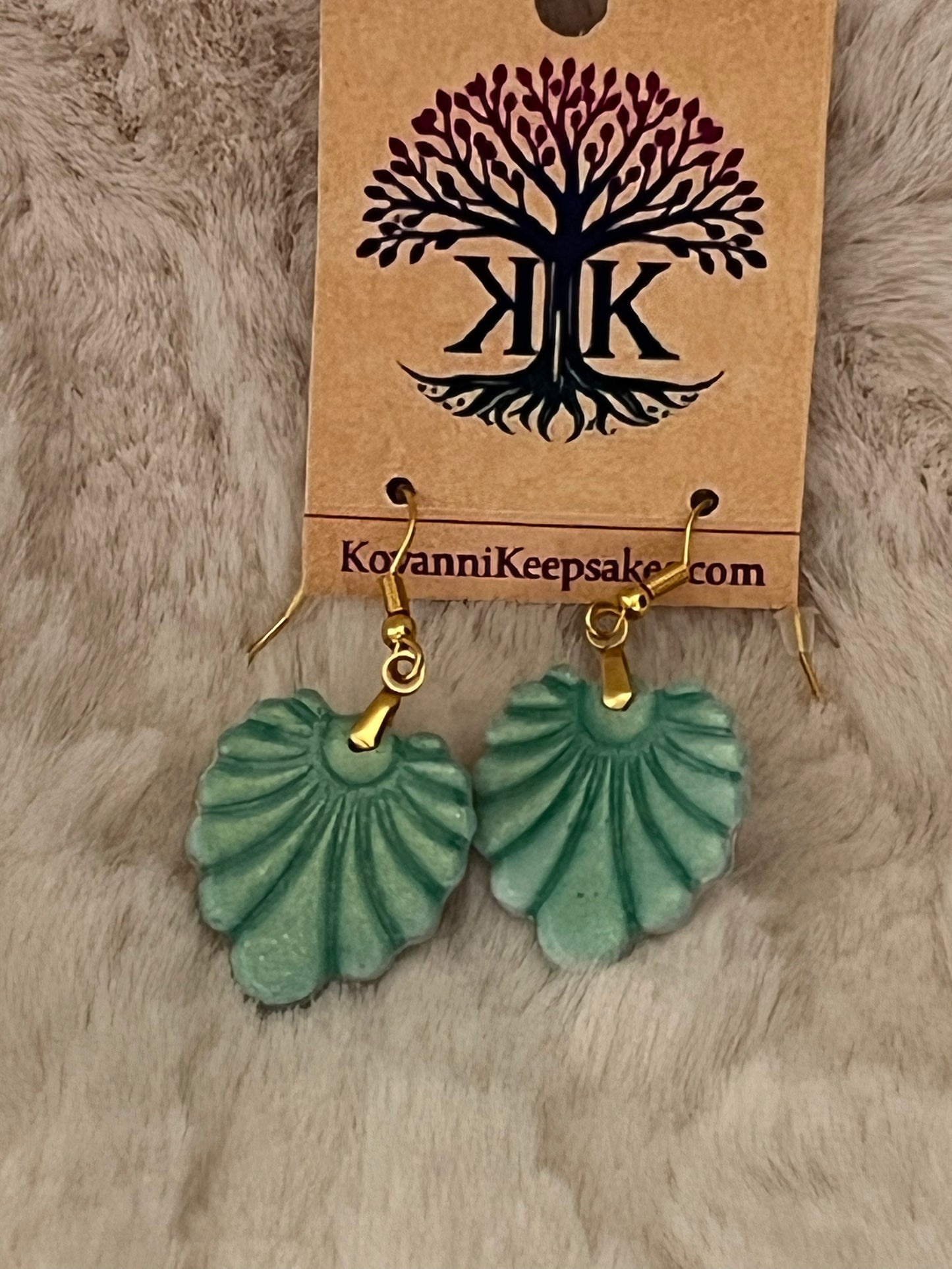 Green Textured Leaf‑Fan Clay Earrings