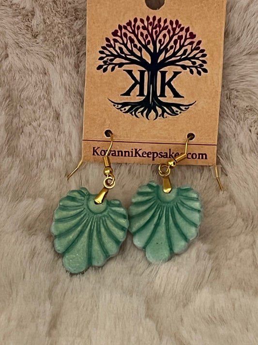 Green Textured Leaf‑Fan Clay Earrings