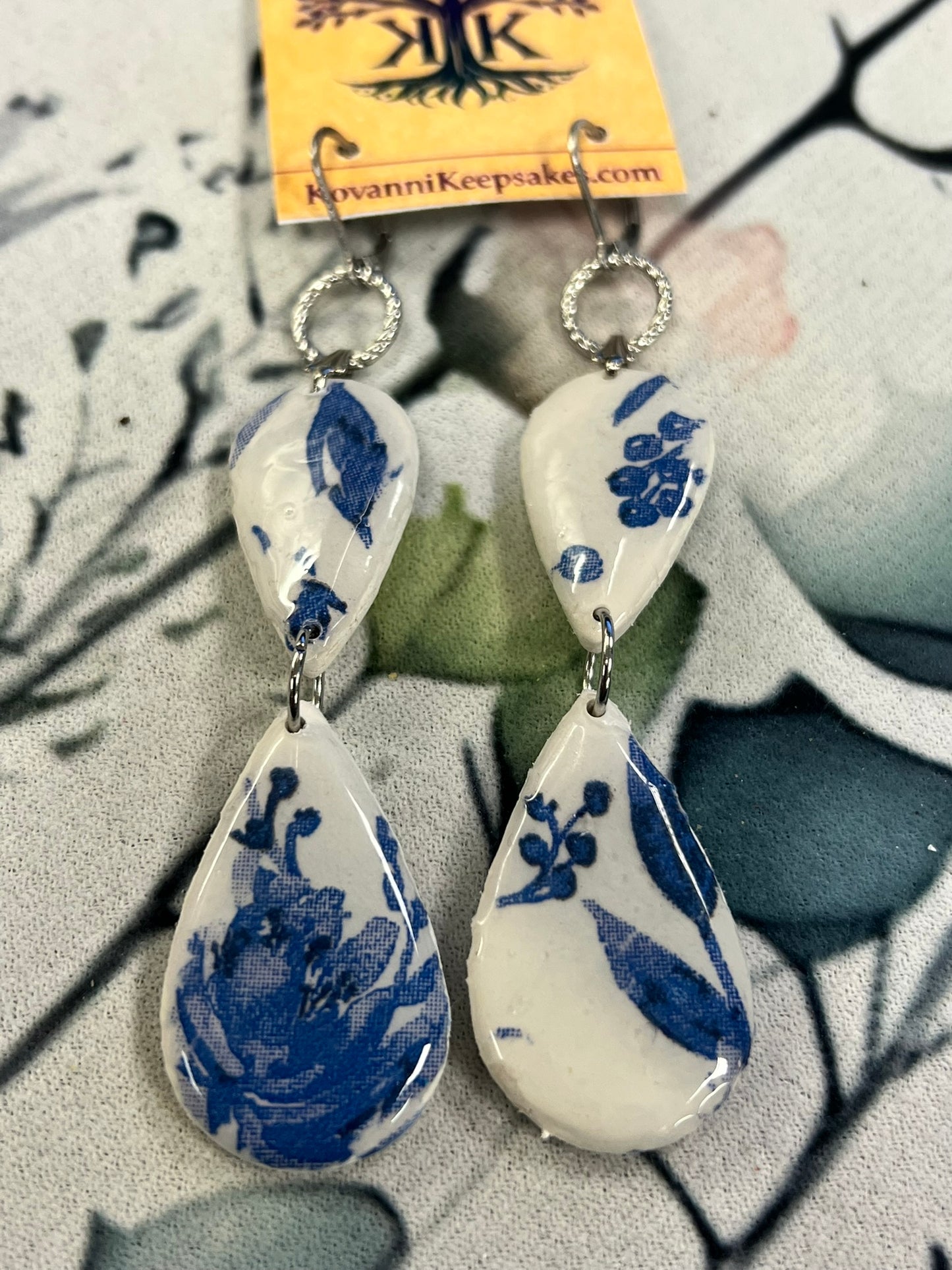Blue Floral Double‑Drop Earrings